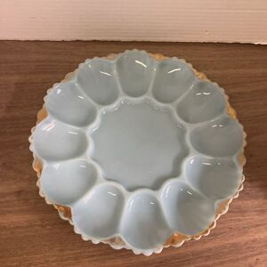 Vintage Deviled Egg Plate White Milk Glass Serving Dish w/ Faded Gold Trim‎
